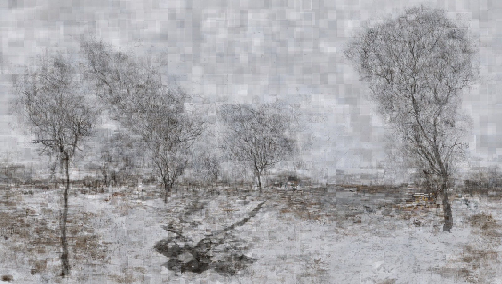 灰白矩形照片层层叠加，雪地上几棵落叶树的轮廓彼此重合。
